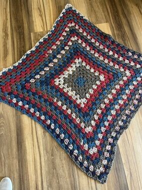 Cottage Core Vintage Granny Afghan lap blanket 48"x48" blue, gray, maroon
